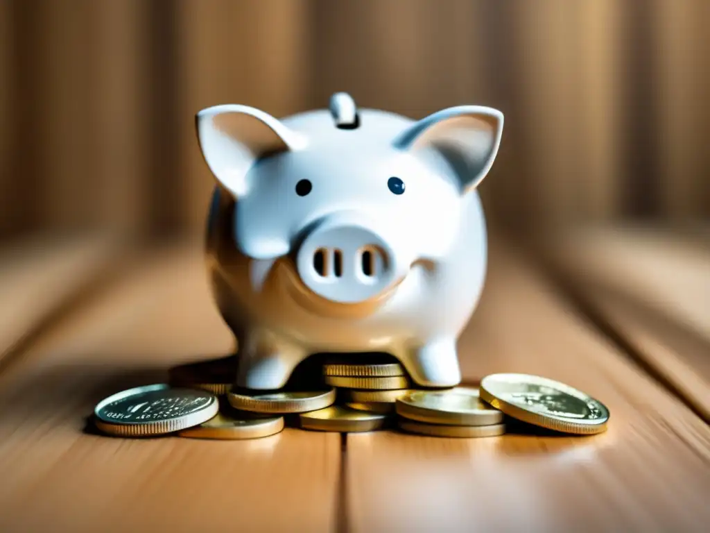 Ahorro y planificación financiera Estrategias financieras para jubilación de freelancers: una imagen minimalista de una alcancía blanca con una pila de monedas en un mesa de madera