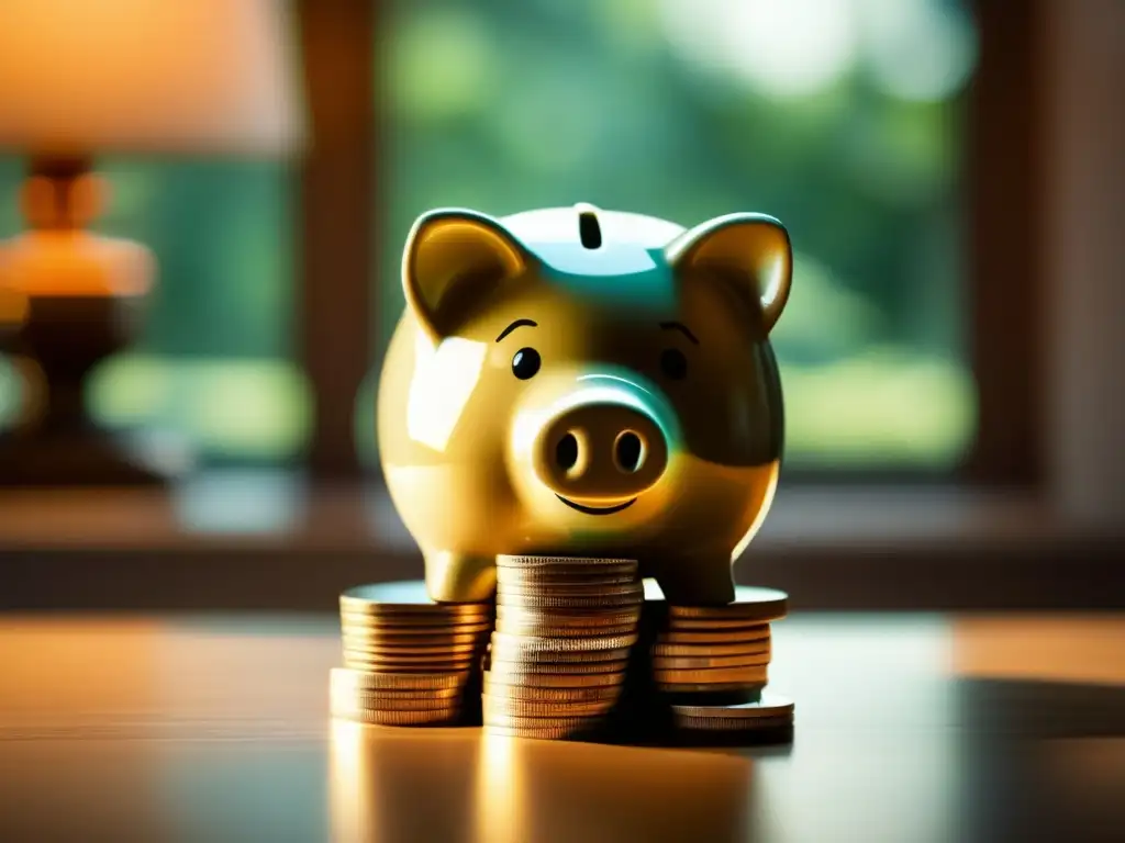 Ahorro transparente y planificación financiera Planificación financiera para freelancers: Piggy bank de vidrio transparente con monedas y sombra suave en mesa de madera