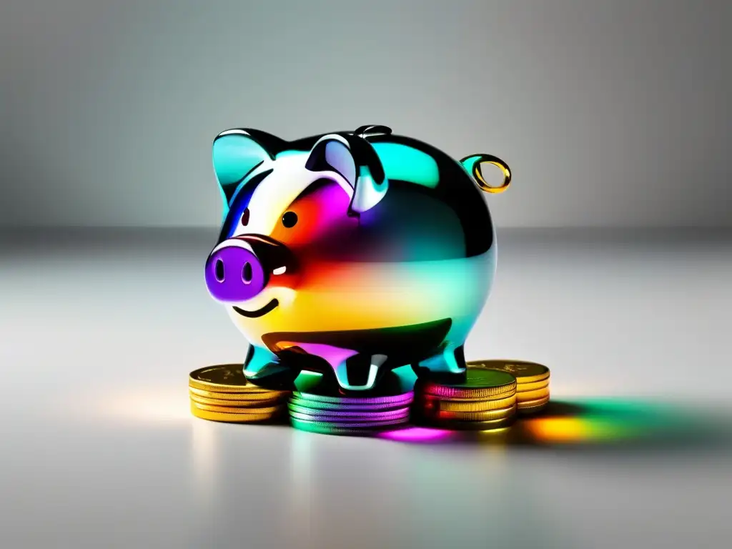 Hucha transparente con monedas de colores Piggy bank transparente con monedas de colores, resaltando fondo de emergencia para freelancers