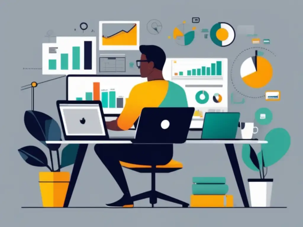 Freelancer analizando datos y gráficos en su laptop Ilustración minimalista de un freelancer analizando datos en su laptop para establecer tarifas adecuadas