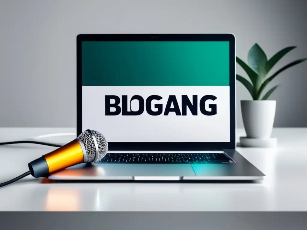 Laptop y micrófono en escritorio blanco Laptop y micrófono en escritorio blanco: estrategias de monetización para freelancers
