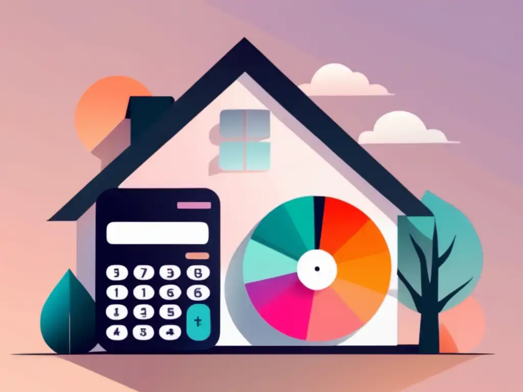 Calculando la asequibilidad del hogar Casa minimalista con calculadora en el techo, representa calcular la asequibilidad y estrategias para freelancers