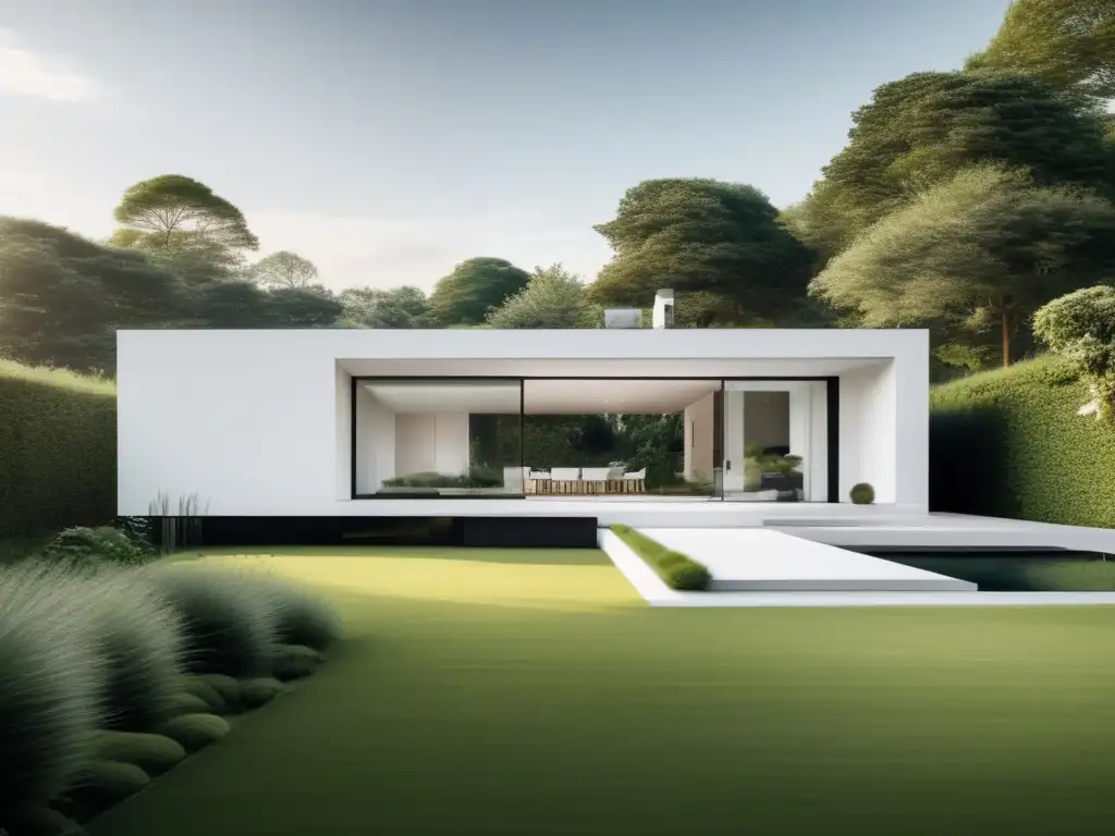 Hogar minimalista en paisaje natural Minimalista, casa blanca con grandes ventanas en paisaje natural