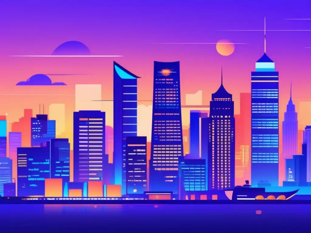 Ciudad asiática dinámica y moderna al atardecer Ciudad asiática al atardecer, con rascacielos modernos y vibrantes luces