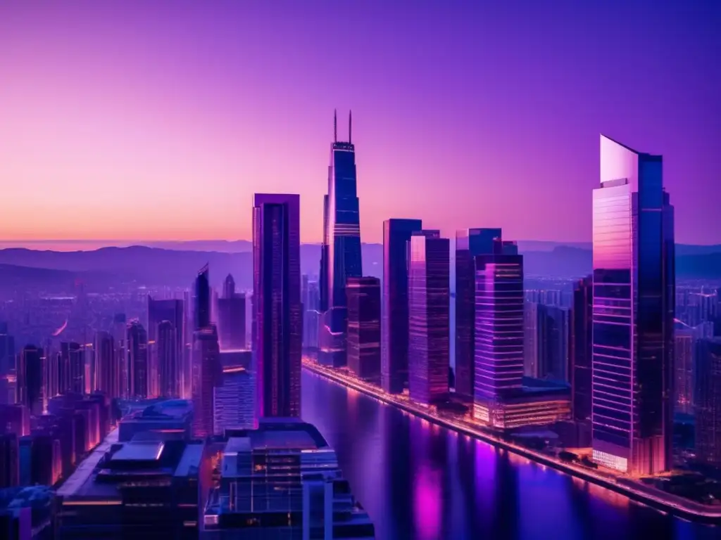 Ciudad minimalista al atardecer con rascacielos modernos Ciudad minimalista al atardecer, rascacielos modernos y cálida iluminación, representa posibilidad de comprar propiedad con ingresos variables