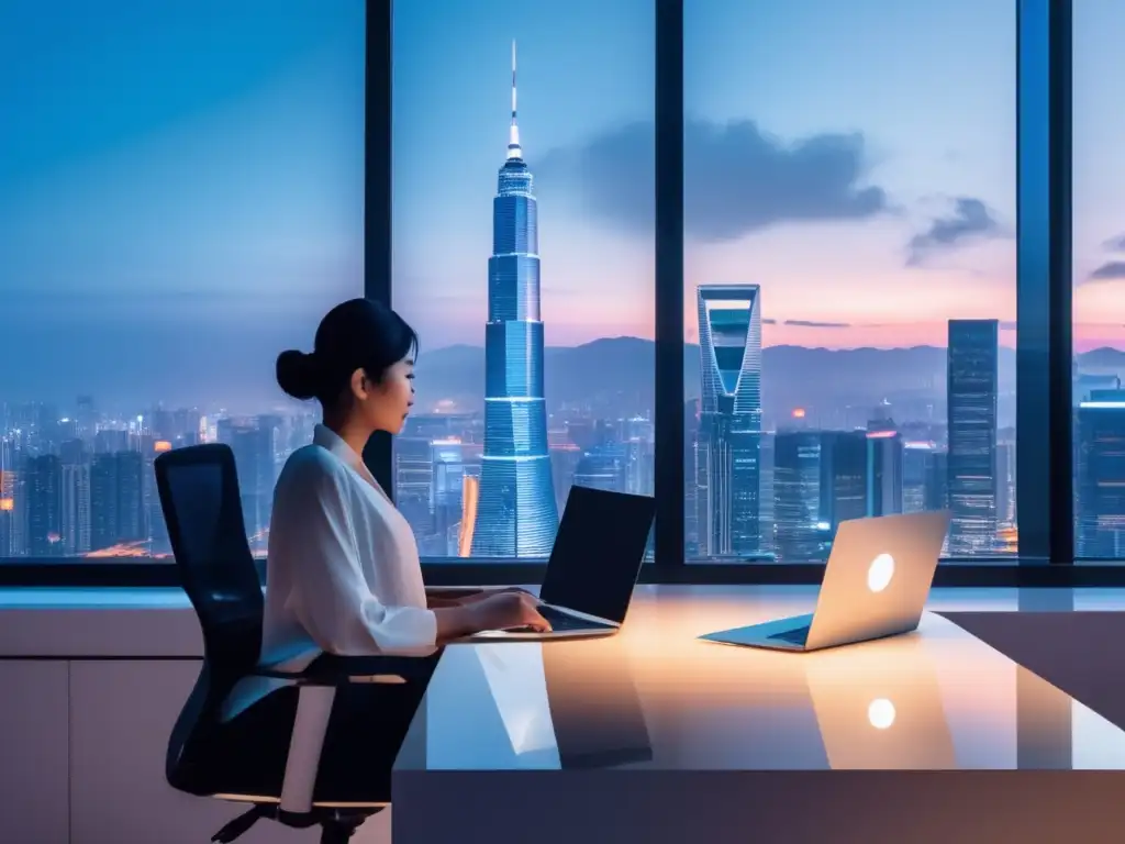 Panorama nocturno de una ciudad asiática con freelancer trabajando Planificación financiera para freelancers en Asia en un ambiente de trabajo vibrante y competitivo