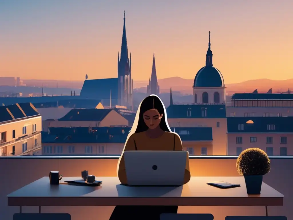 Ciudad europea al atardecer con freelancers trabajando Consejos prácticos de finanzas para freelancers en el mercado europeo colaborando en una ciudad moderna y vibrante