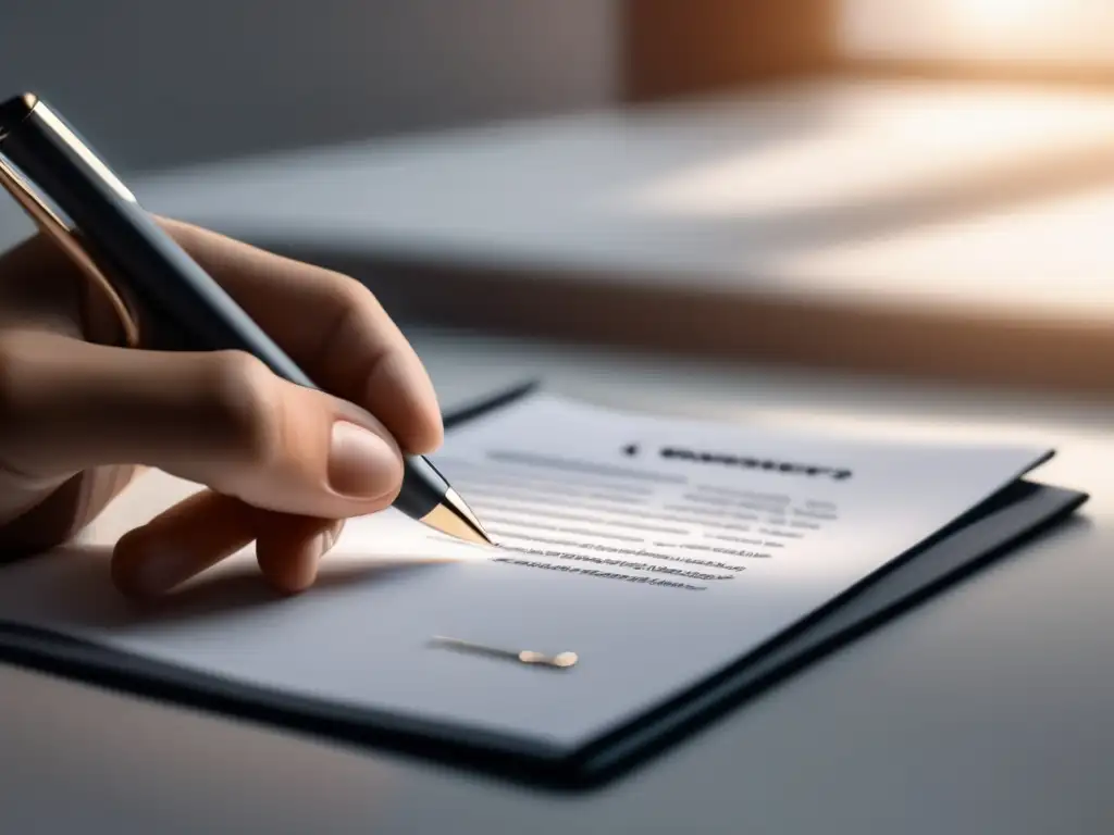 Contrato firmado con confianza y precisión Contrato financiero para freelancers: Mano firmando contrato con elegante pluma en superficie blanca