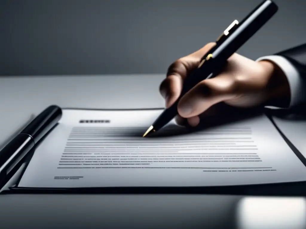 Firma de contrato profesional Contrato freelancer - Escena de firma de contrato minimalista, con mesa negra y documento listo para firmar
