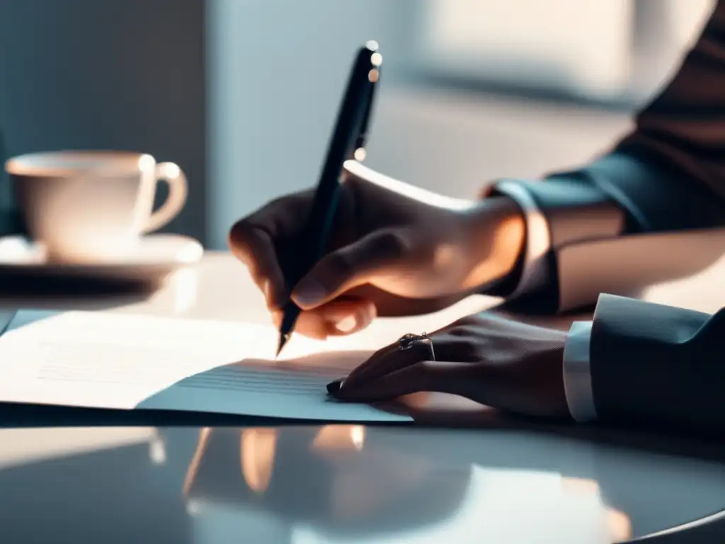 Contrato firmado en mesa blanca Contrato de freelancers en mesa blanca, con pluma y luz suave