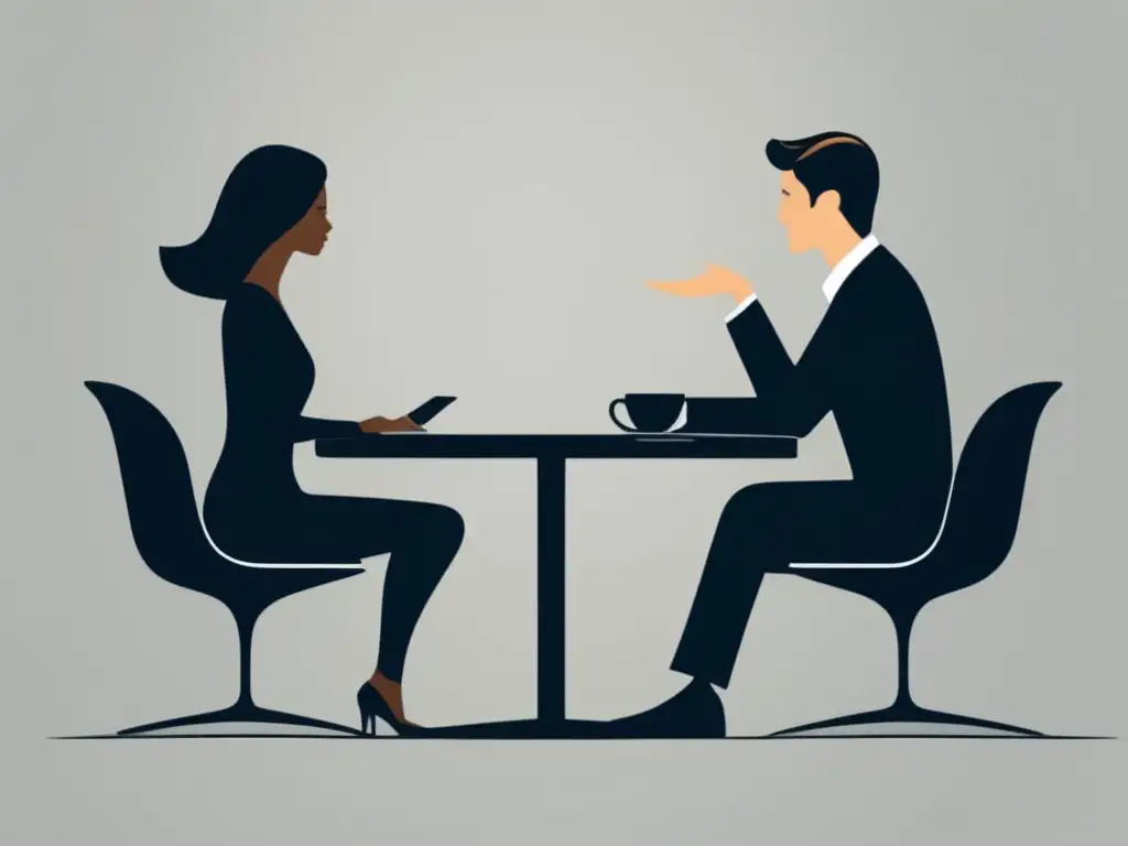 Conversación enfocada y persuasiva Técnicas de negociación para freelancers: Personas conversando en mesa moderna, escuchando y expresándose con claridad y empatía