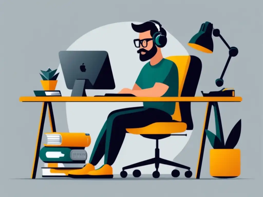 Freelancer productivo y profesional Ilustración minimalista de un freelancer trabajando en un escritorio con herramientas y equipo