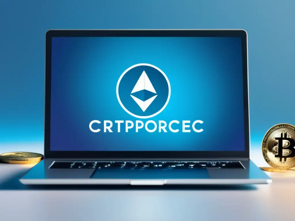 Laptop criptomonedas y trabajo freelance Laptop moderno con logo de criptomoneda, simbolizando rentabilidad freelance utilizando criptomonedas