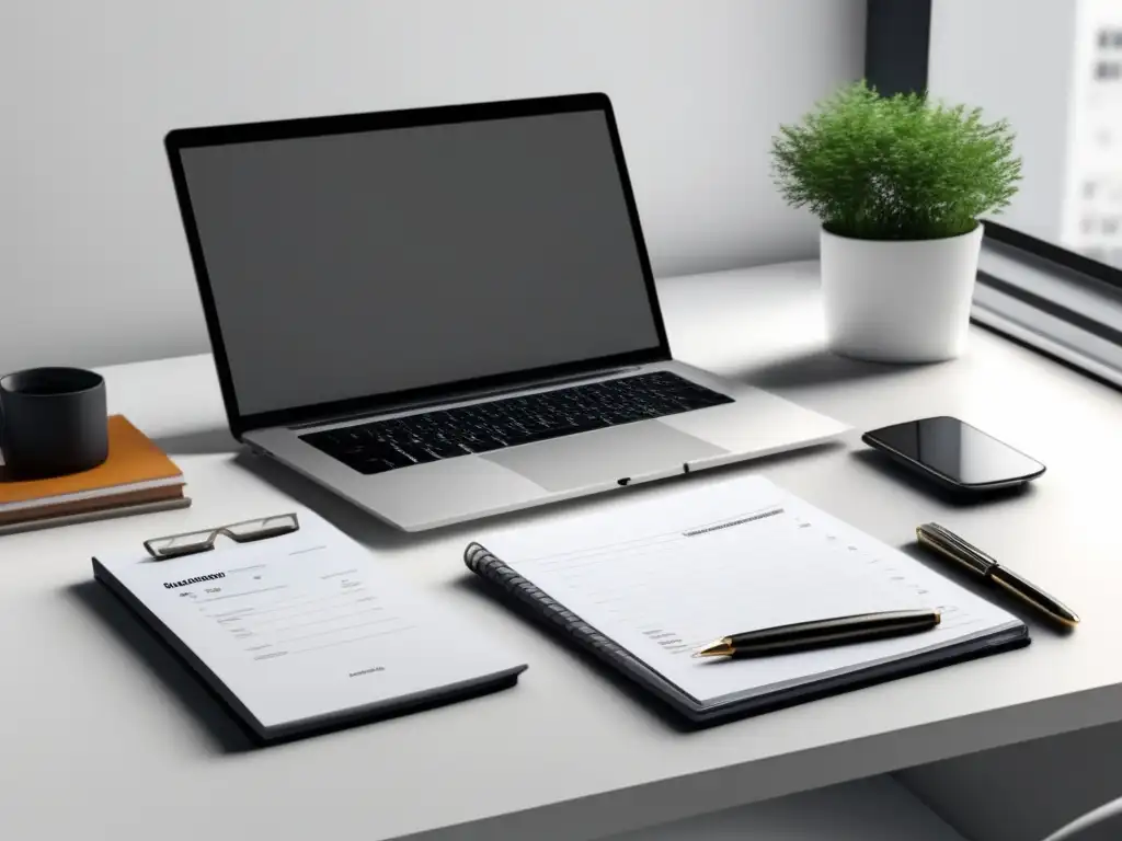 Escritorio minimalista con formulario de impuestos para freelancers Escritorio minimalista con formularios de impuestos para freelancers