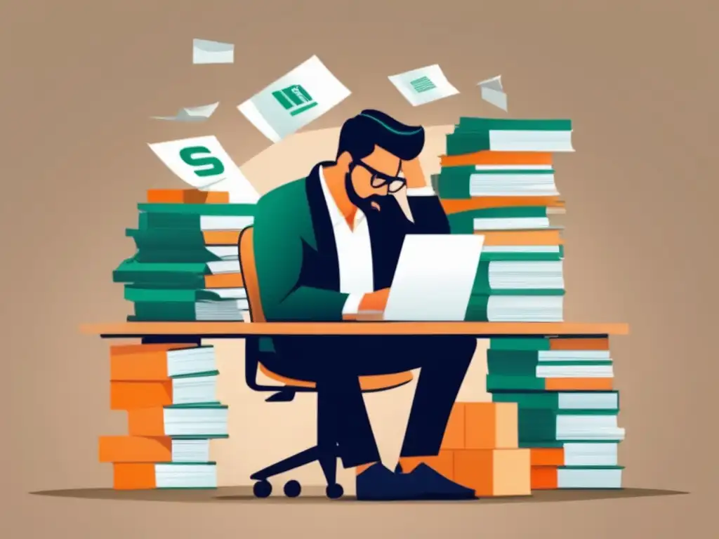 Freelancer frustrado con papeleo Freelancer con errores financieros en su escritorio