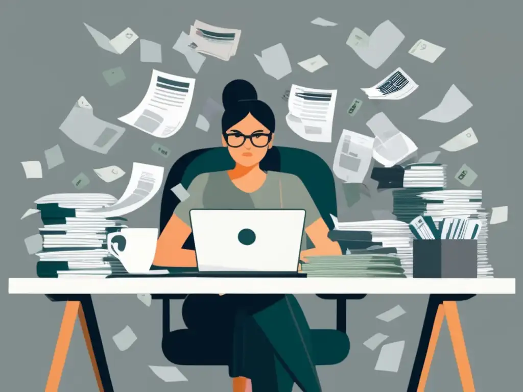 Desafíos financieros de freelancers Freelancer en su escritorio, rodeado de facturas y documentos financieros en un ambiente caótico