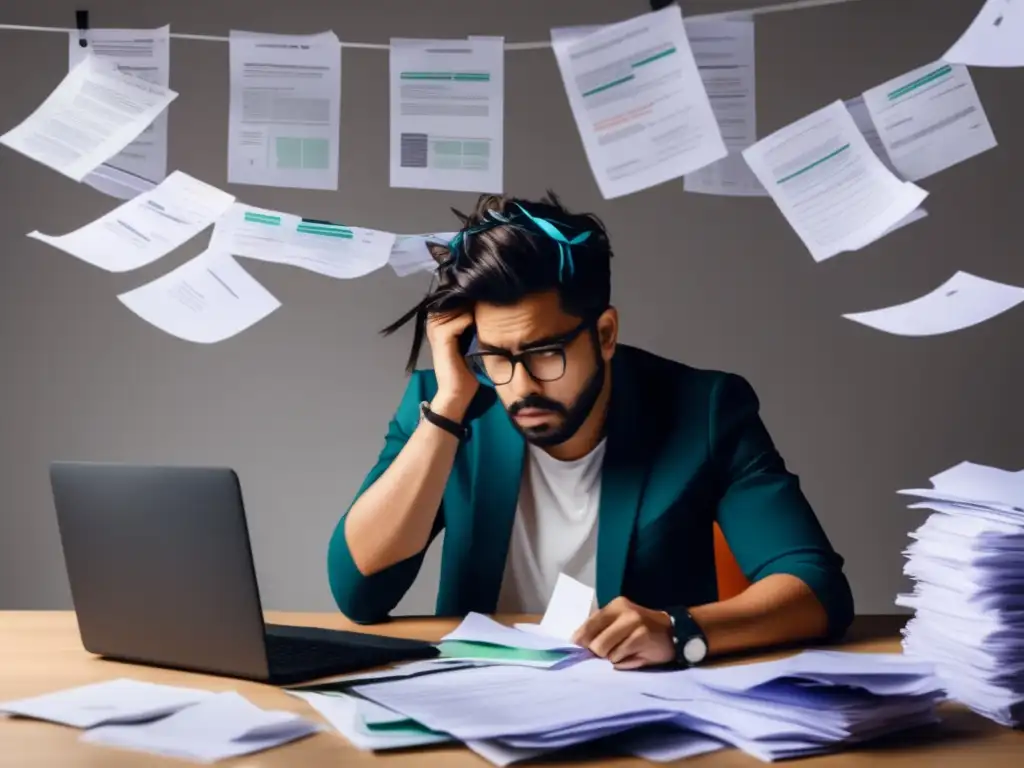 Desorden financiero y frustración del freelancer Imagen de freelancer con errores financieros y falta de organización en la gestión de ingresos y gastos