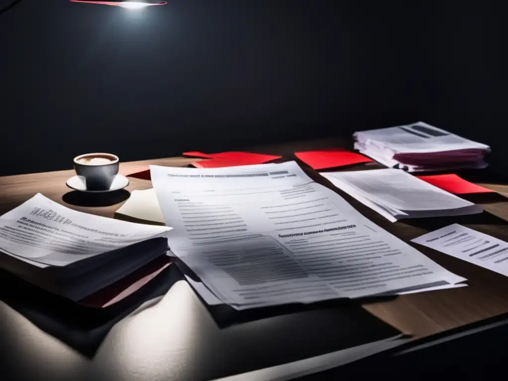 Mesa desordenada con papeles y documentos iluminados Urgencia y errores en declaraciones de impuestos para freelancers