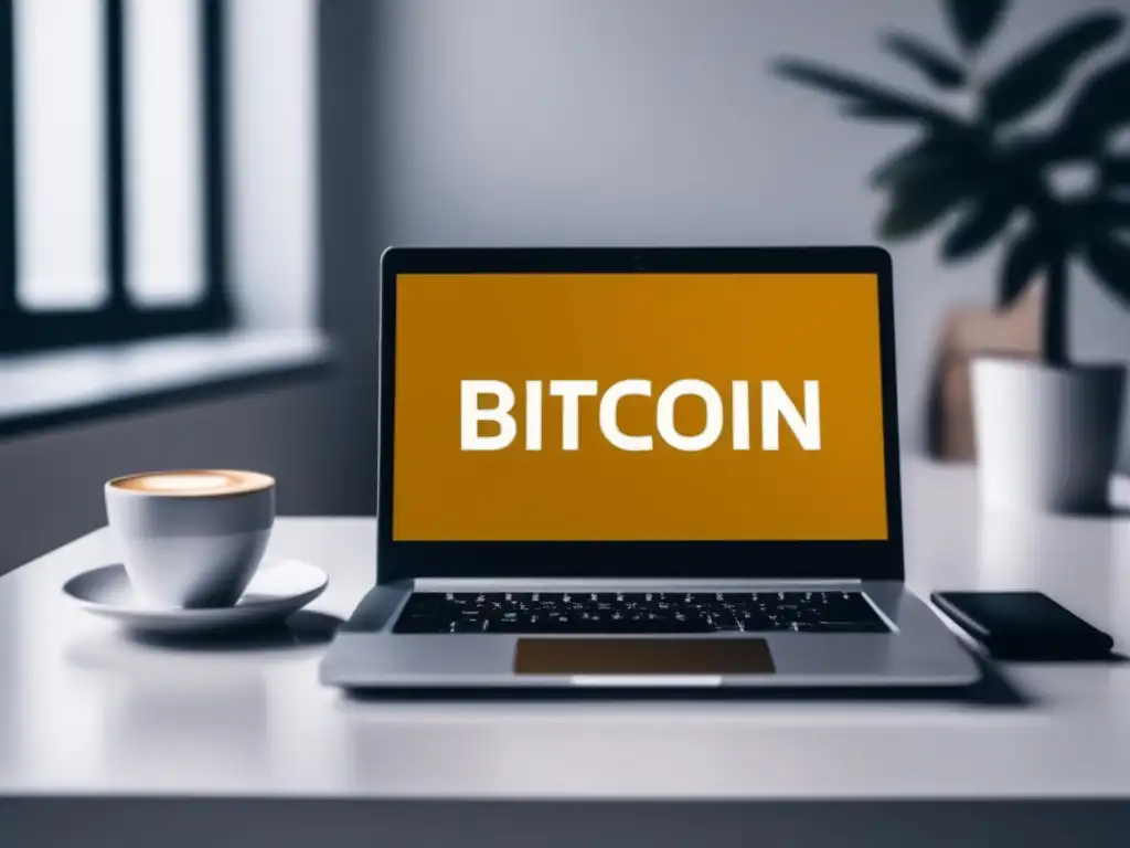 Escritorio minimalista con laptop y billetera Bitcoin Laptop moderno muestra billetera Bitcoin y pagos seguros
