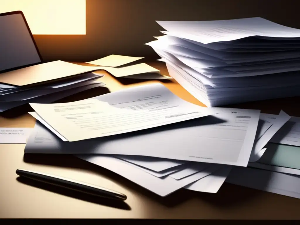Escritorio desordenado con documentos y facturas Desorden en escritorio con papeles y facturas flotantes - Errores comunes de impuestos para freelancers