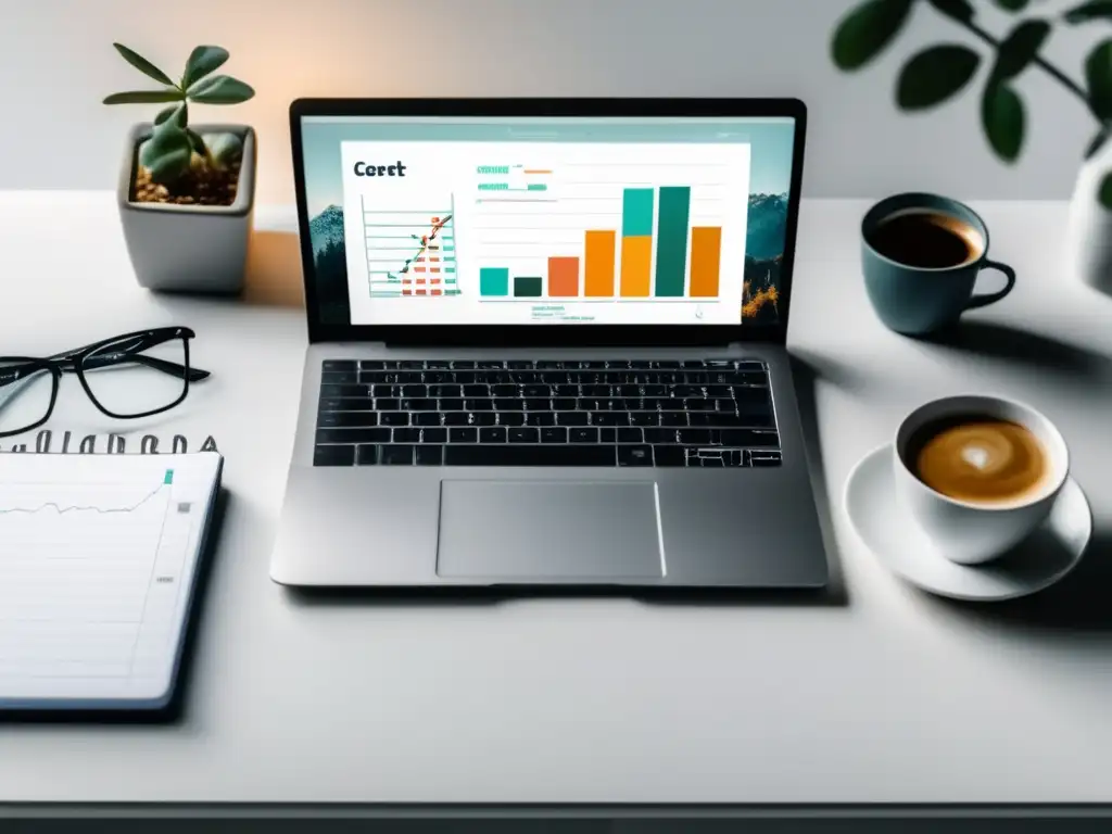 Escritorio organizado para freelancers Laptop en escritorio blanco: planificación financiera para freelancers
