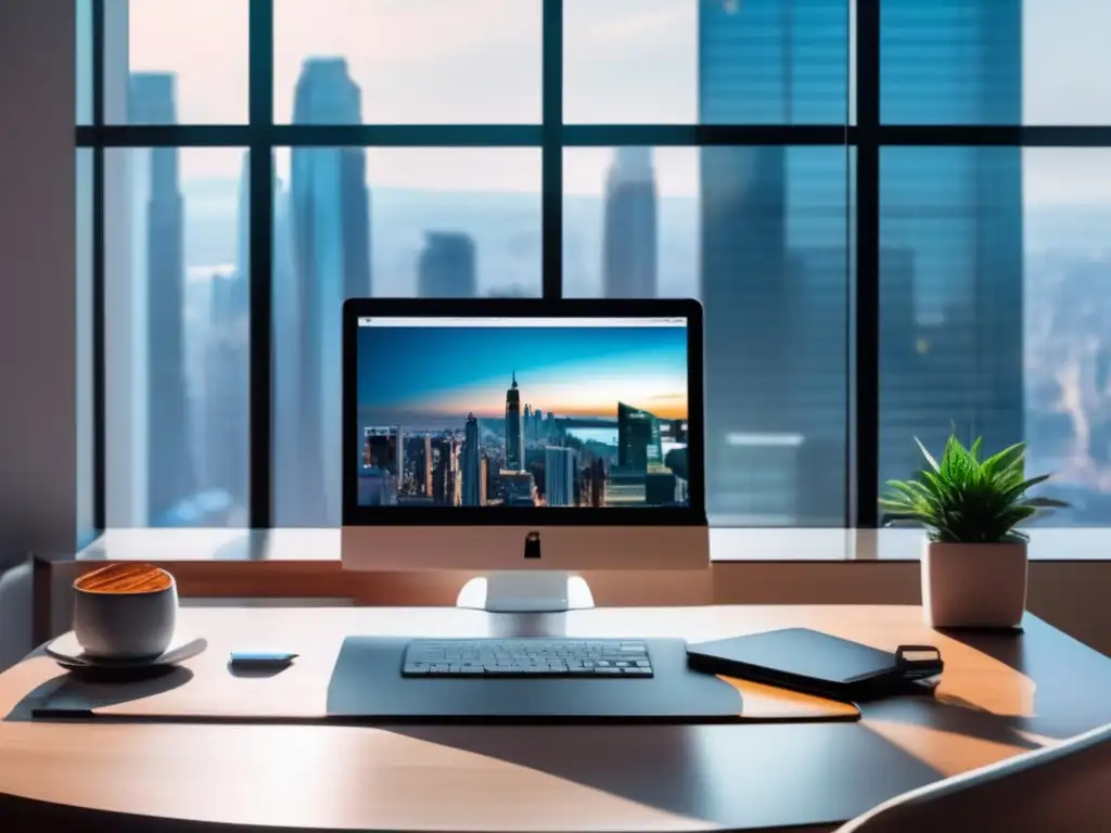 Espacio de trabajo de freelancer en Latinoamérica Escritorio minimalista para freelancer en Latinoamérica, con laptop, notebook y panorama urbano