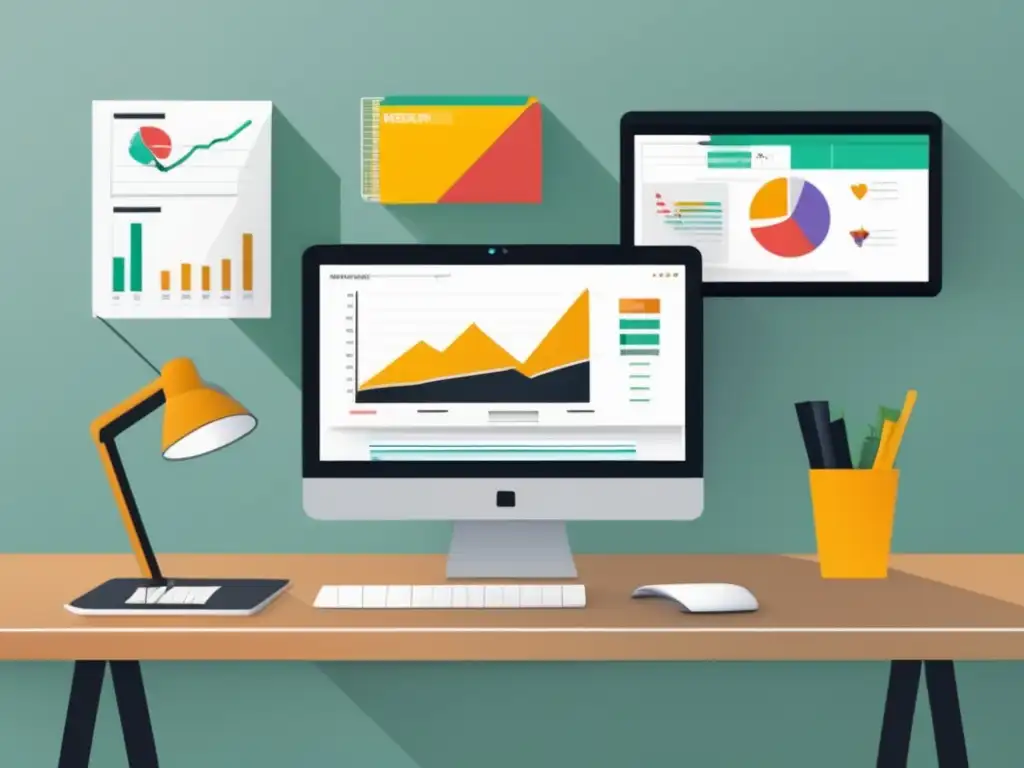 Espacio de trabajo minimalista del freelancer Espacio de trabajo freelancer: escritorio limpio y organizado con laptop, ingresos diversificados y desafíos económicos