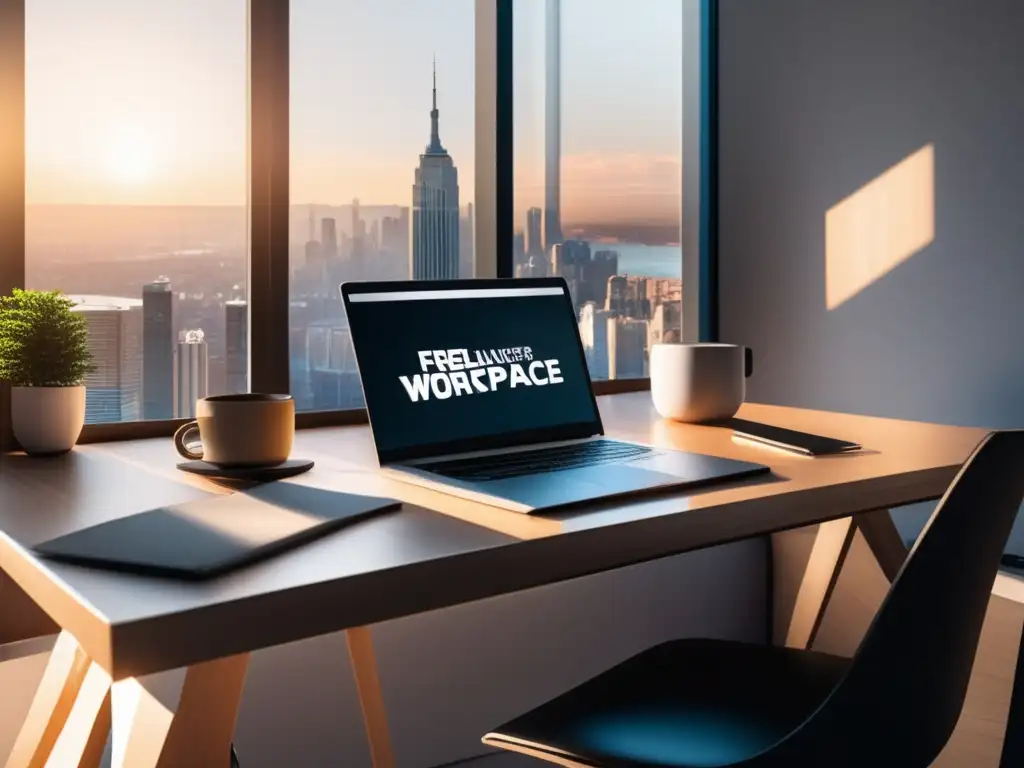 Espacio de trabajo minimalista de un freelancer Espacio de trabajo minimalista con escritorio moderno de madera clara frente a ventana panorámica de ciudad