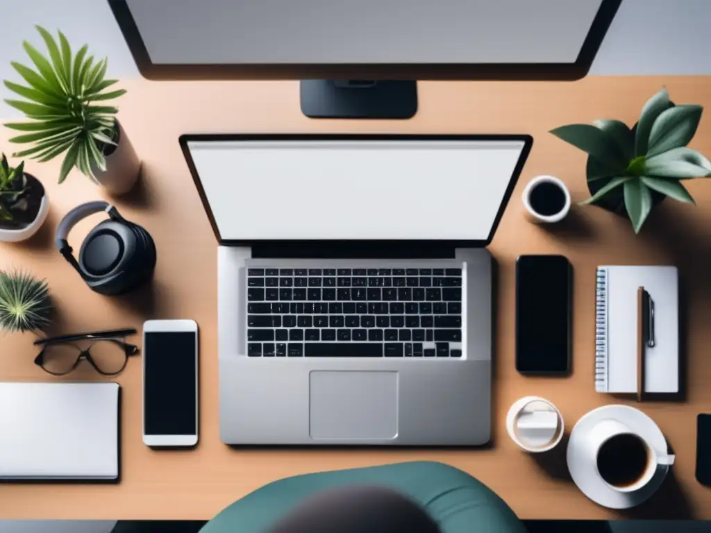 Freelancer en escritorio organizado y productivo Imagen de freelancer en escritorio organizado, con dispositivos y elementos de trabajo