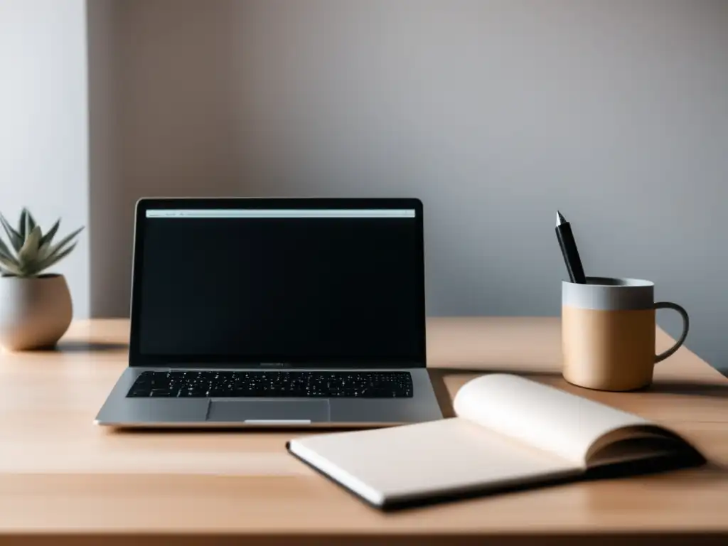 Espacio de trabajo para freelancers Equilibrar finanzas freelancer: un espacio de trabajo minimalista con escritorio organizado y limpio, laptop, bloc de notas y bolígrafo