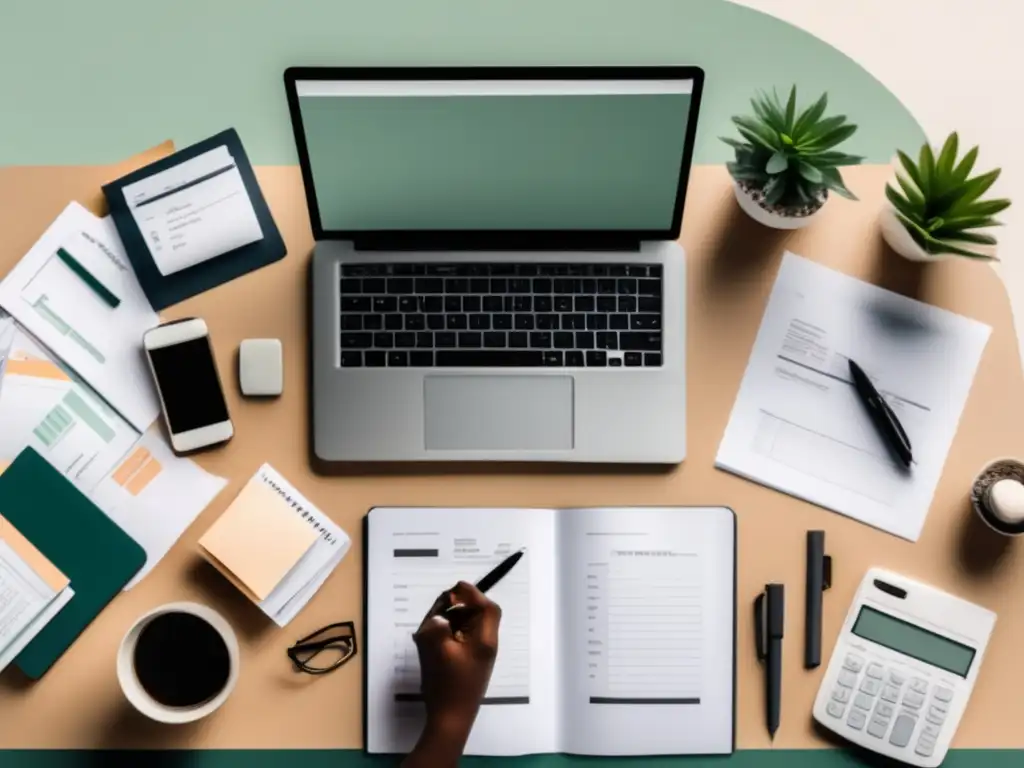 Freelancer organizado gestionando sus finanzas Freelancer organizado en su escritorio con herramientas y documentos financieros, simbolizando la planificación y gestión financiera para freelancers