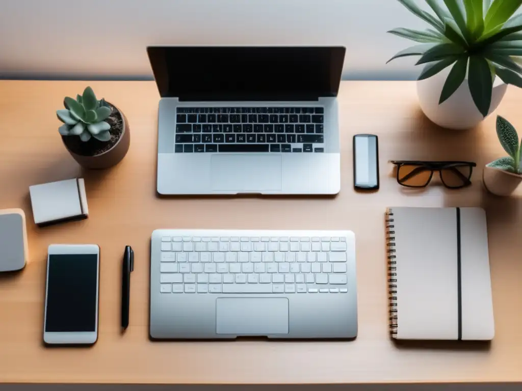 Espacio de trabajo minimalista para freelancers Espacio de trabajo minimalista para freelancers con escritorio de madera clara, laptop, lámpara, documentos y planta