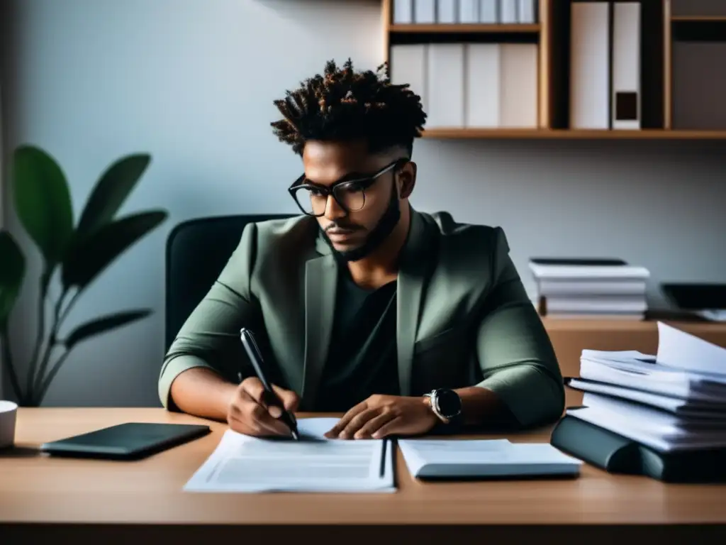 Freelancer organizado en su escritorio Freelancer en escritorio organizado con documentos fiscales, laptop y detalles profesionales