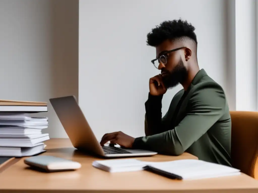 Trabajador freelance organizando impuestos Freelancer en su escritorio minimalista, con laptop, calculadora y libros de estrategias para reducir impuestos