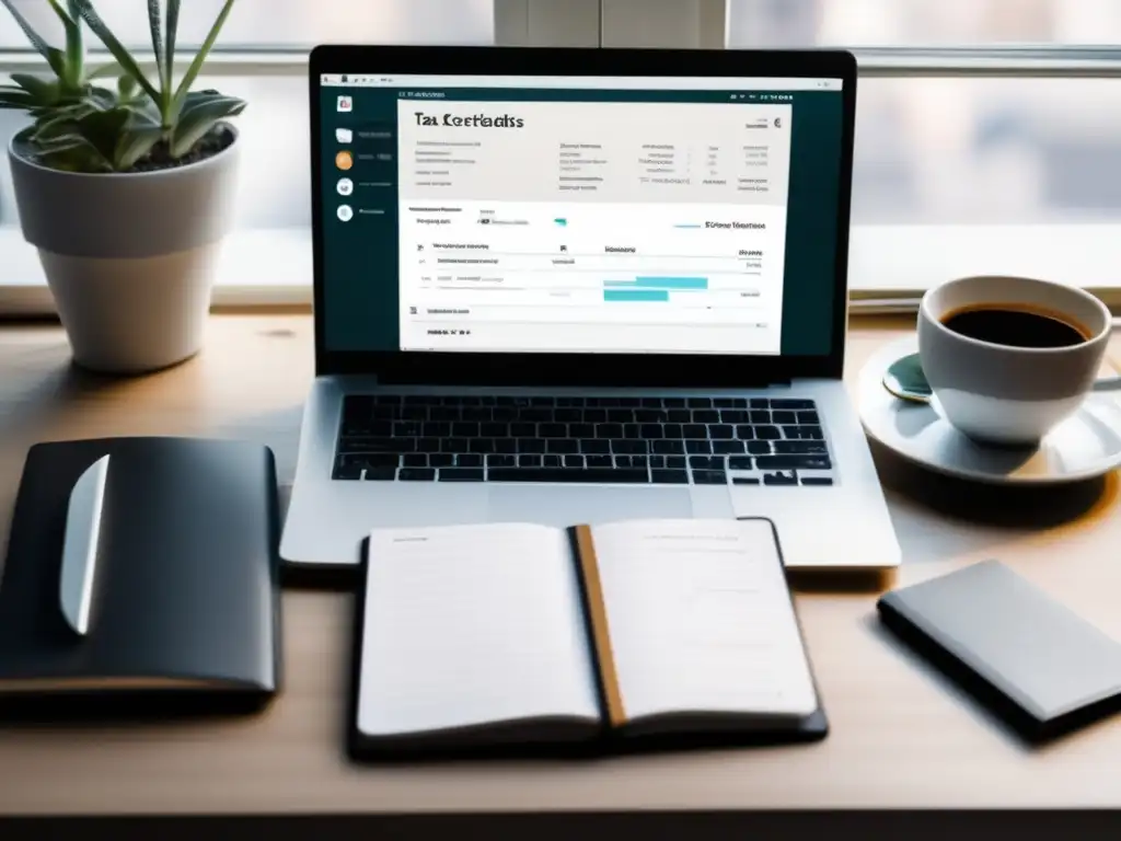 Escritorio minimalista de un freelancer Escritorio de freelancer organizado con laptop, notas y café - Declaración de Impuestos para Freelancers