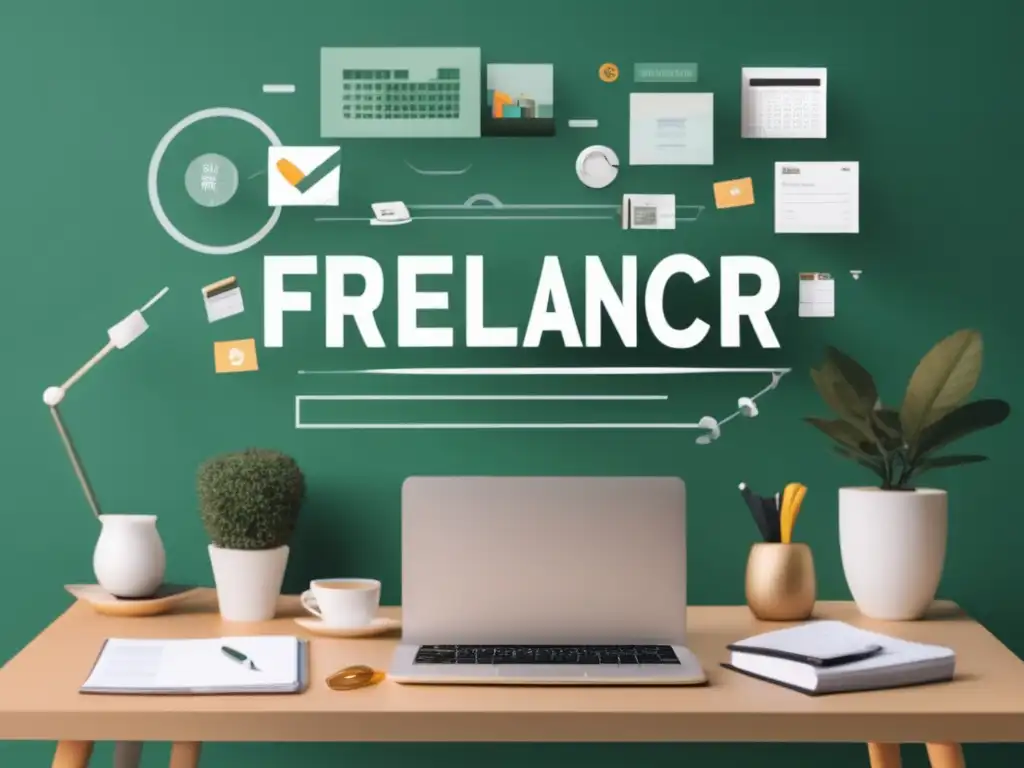 Freelancer en su escritorio organizado y motivado Freelancer en escritorio organizado, motivado y enfocado en metas financieras para freelancers