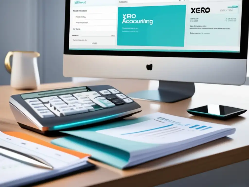 Escritorio de oficina moderno y organizado con software contable Xero Oficina moderna con software de contabilidad Xero para freelancers