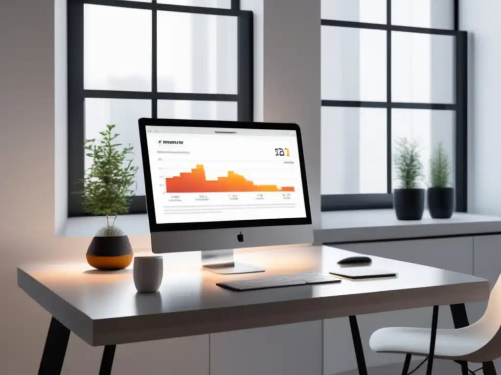 Espacio de trabajo digital minimalista con laptop y gráfico de ganancias Espacio de trabajo digital minimalista con escritorio blanco y portátil que muestra gráfico de ganancias