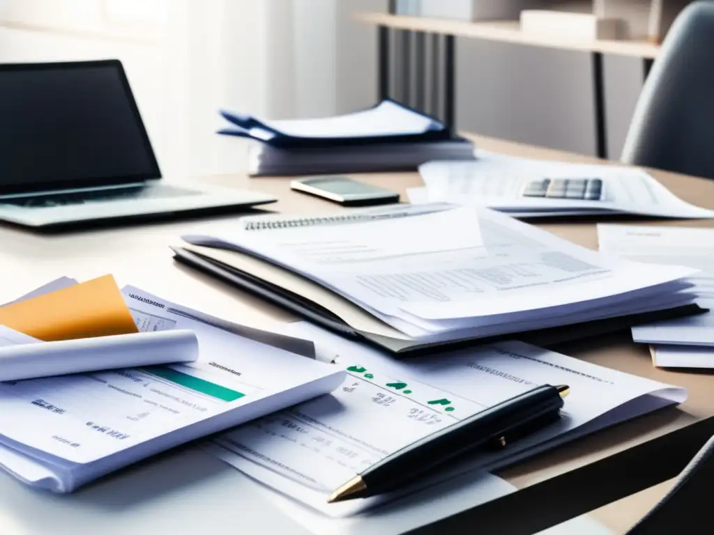 Escritorio desordenado con documentos financieros y objetos Escritorio desordenado, errores financieros de freelancers