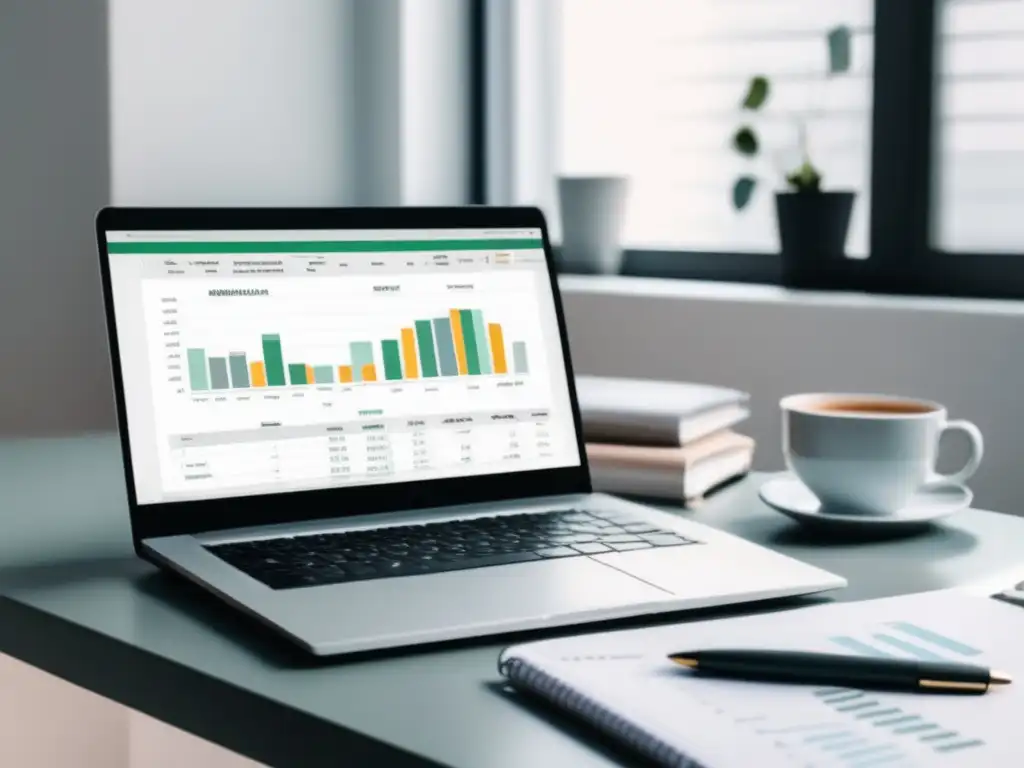 Escritorio minimalista y organizado con herramientas financieras Una oficina minimalista con escritorio ordenado, laptop, calculadora, bloc de notas, lápiz y café