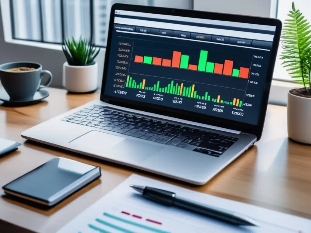 Escritorio financiero organizado Escritorio organizado con laptop, cuaderno, lápiz y calculadora