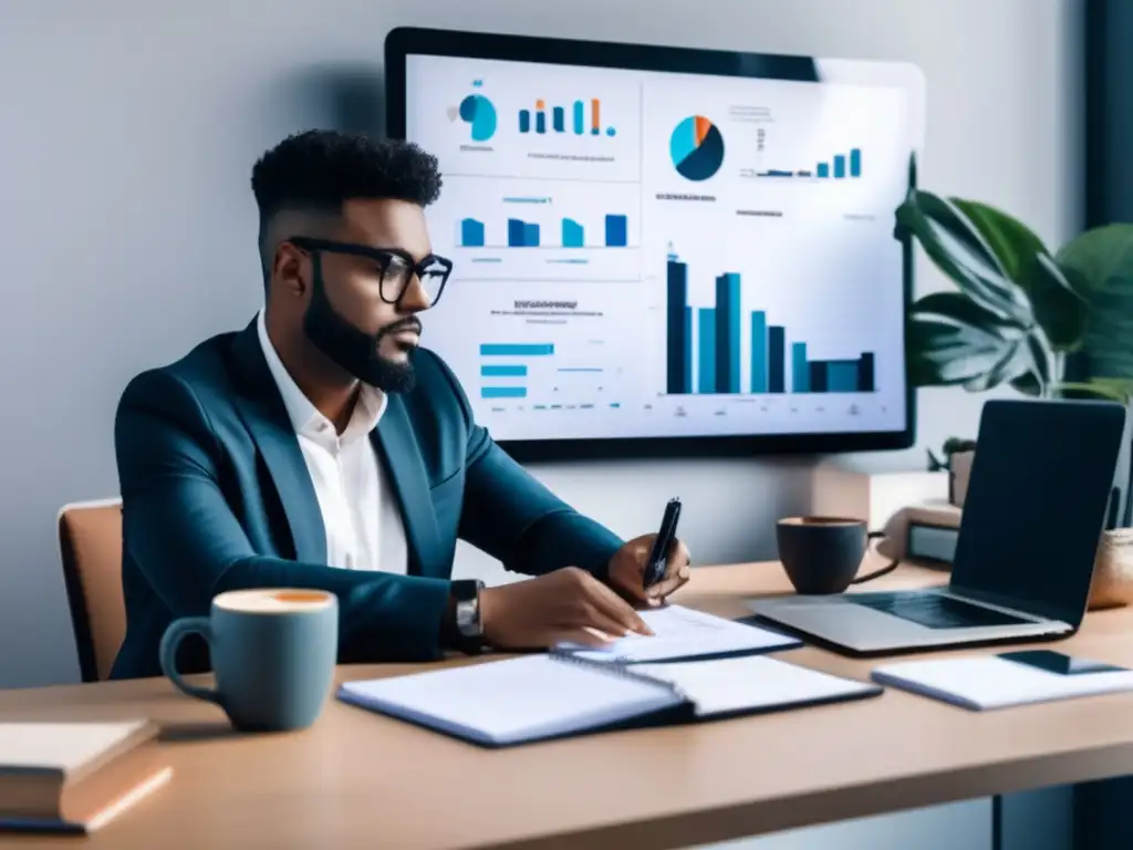 Escritorio minimalista para freelancer Freelancer enfocado en metas financieras, con escritorio moderno y organizado - estrategias para establecer metas financieras para freelancers