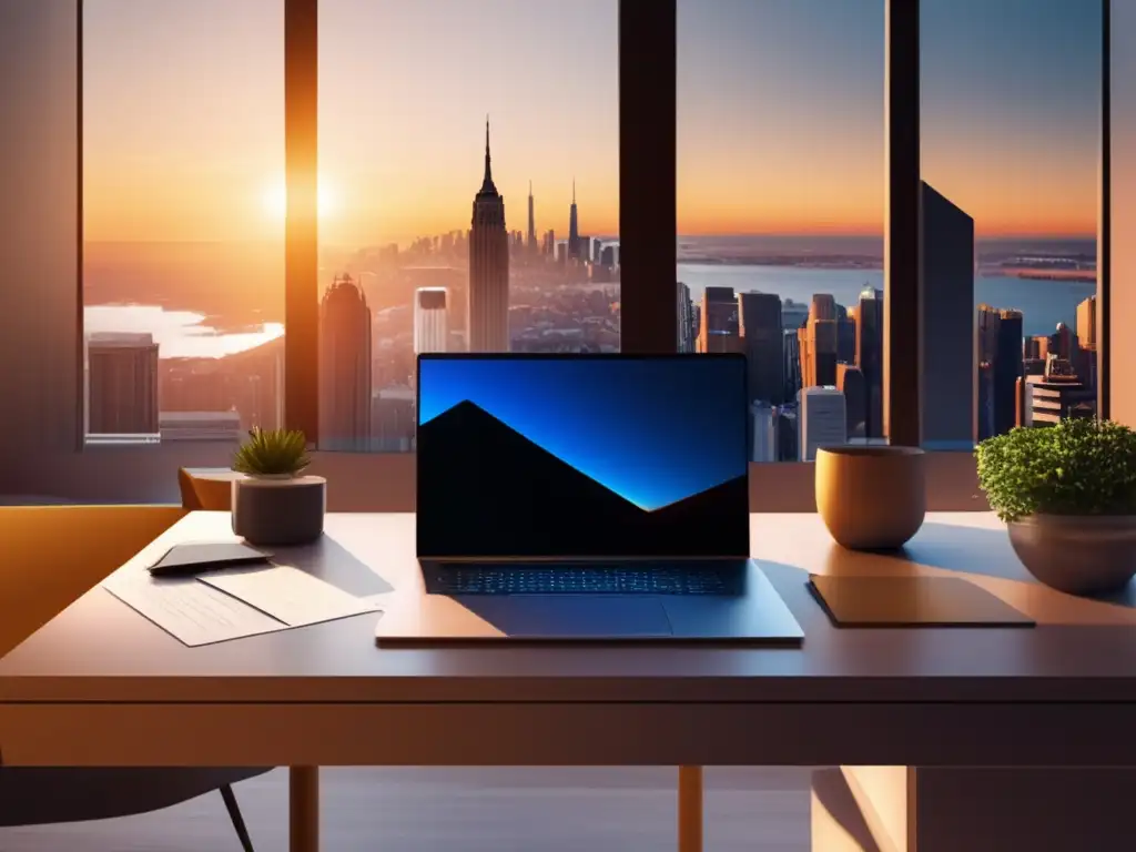 Escena minimalista de escritorio con vista panorámica de ciudad al atardecer Escena minimalista con escritorio moderno, laptop y documentos financieros ordenados, vista panorámica de la ciudad al atardecer