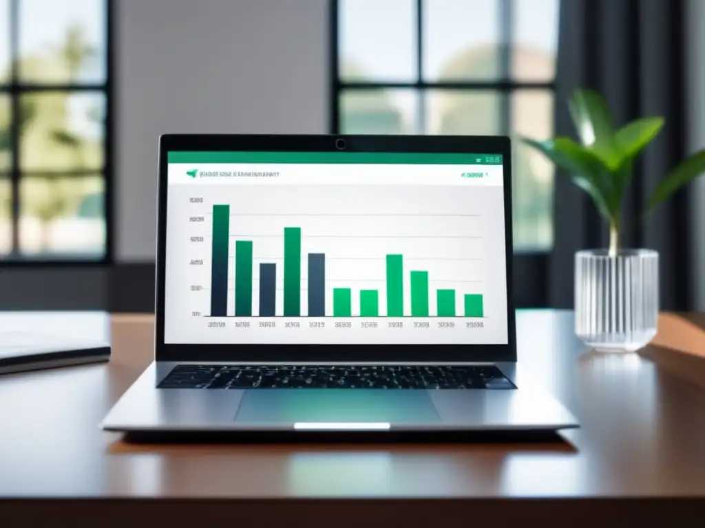 Oficina minimalista con laptop, gráfica y dinero Laptop moderno en un escritorio ordenado con gráfico financiero y herramientas de inversión para freelancers