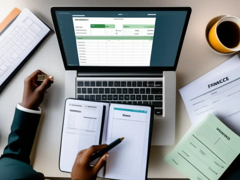 Escritorio organizado para finanzas personales y de negocio Persona organizando finanzas personales y comerciales en un escritorio minimalista - Desafíos financieros freelancer