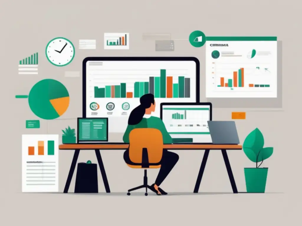 Espacio de trabajo financiero para freelancers Freelancer en un espacio de trabajo moderno rodeado de elementos financieros, destacando