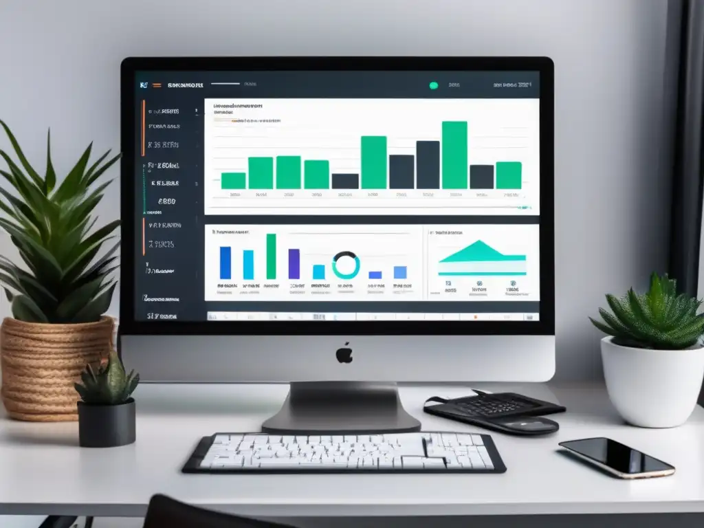 Espacio de trabajo para freelancer con monitor 8k y escritorio minimalista Escritorio moderno y minimalista con monitor 8k y gráficos de investigación de mercados, tarifas efectivas para freelancers
