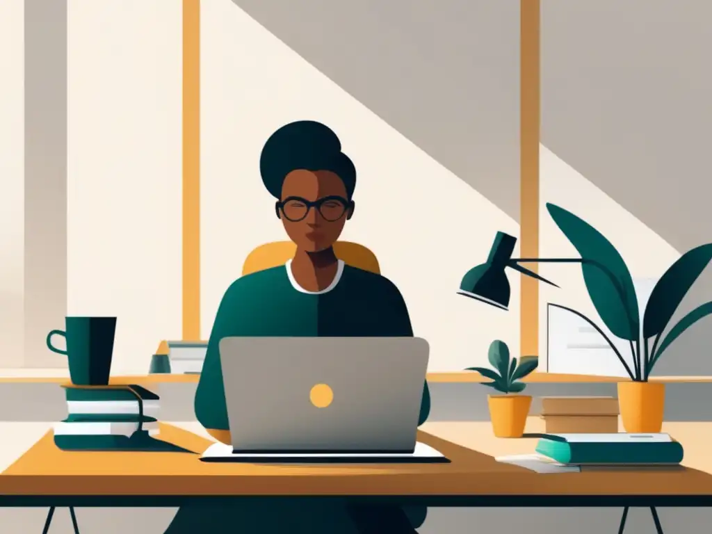 Freelancer en un escritorio organizado Un freelancer en un escritorio organizado, rodeado de documentos y trabajando en su laptop