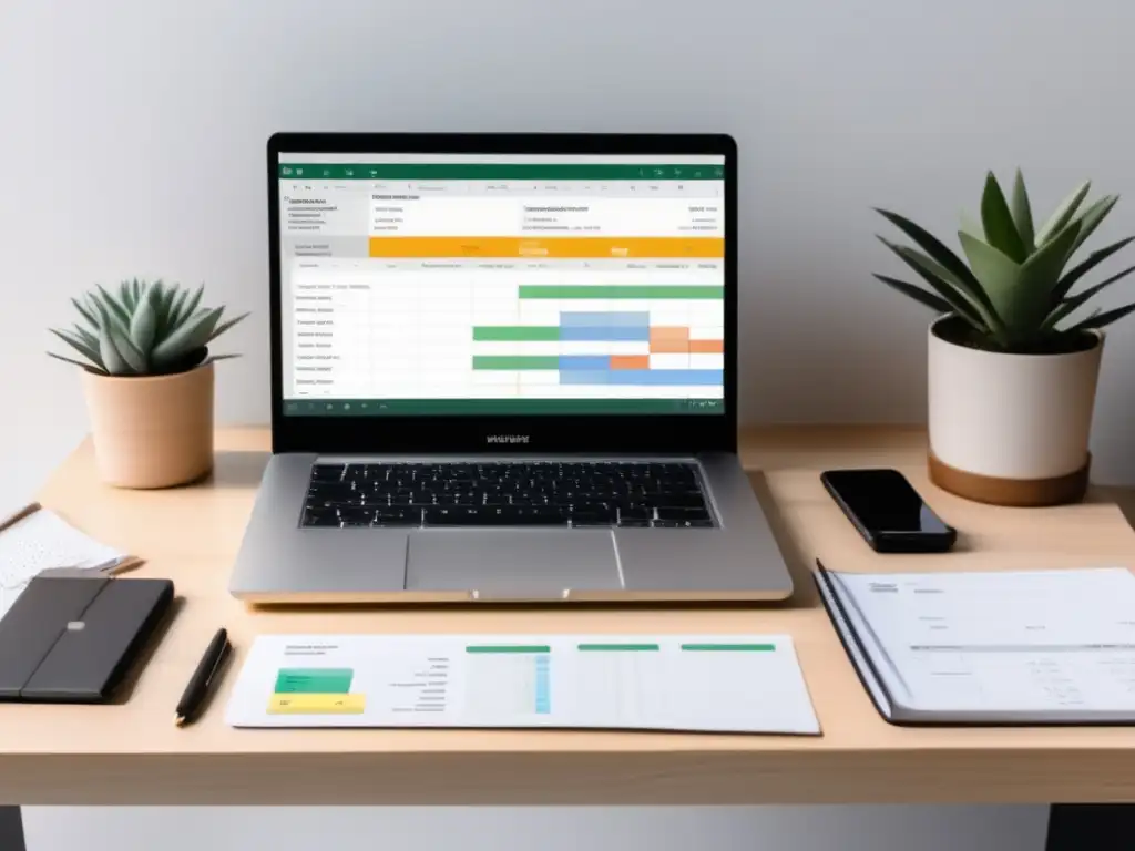 Espacio de trabajo organizado del freelancer Espacio de trabajo ordenado y eficiente para freelancer, con laptop y registros financieros - Errores comunes declaración impuestos freelancers