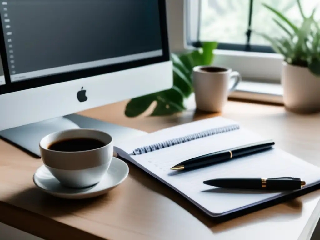 Escritorio de freelancer organizado con laptop, libreta, calculadora y café Escritorio de freelancer organizado con laptop, cuaderno, lápiz y calculadora